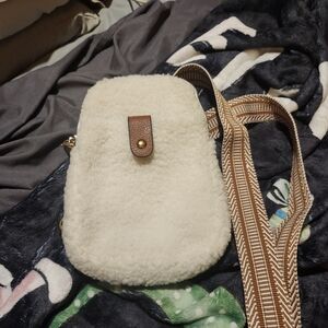 Plush Cream Faux-Shearling Crossbody Bag with Brown Accent